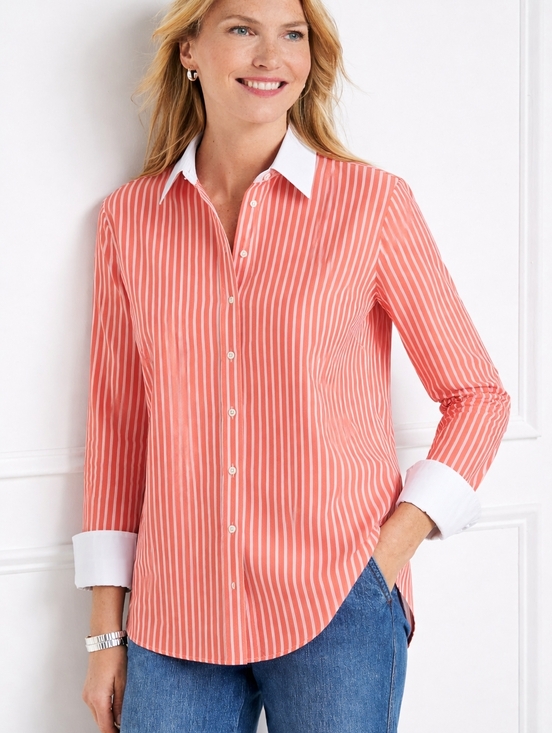 Talbots Tops - Talbots Coral-Orange White Stripe Wrinkle Resistant Button Down Shirt Size 10